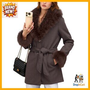 Faux Fur Lined Pea Coat Belted Trench Chic Winter Jacket Mid Length